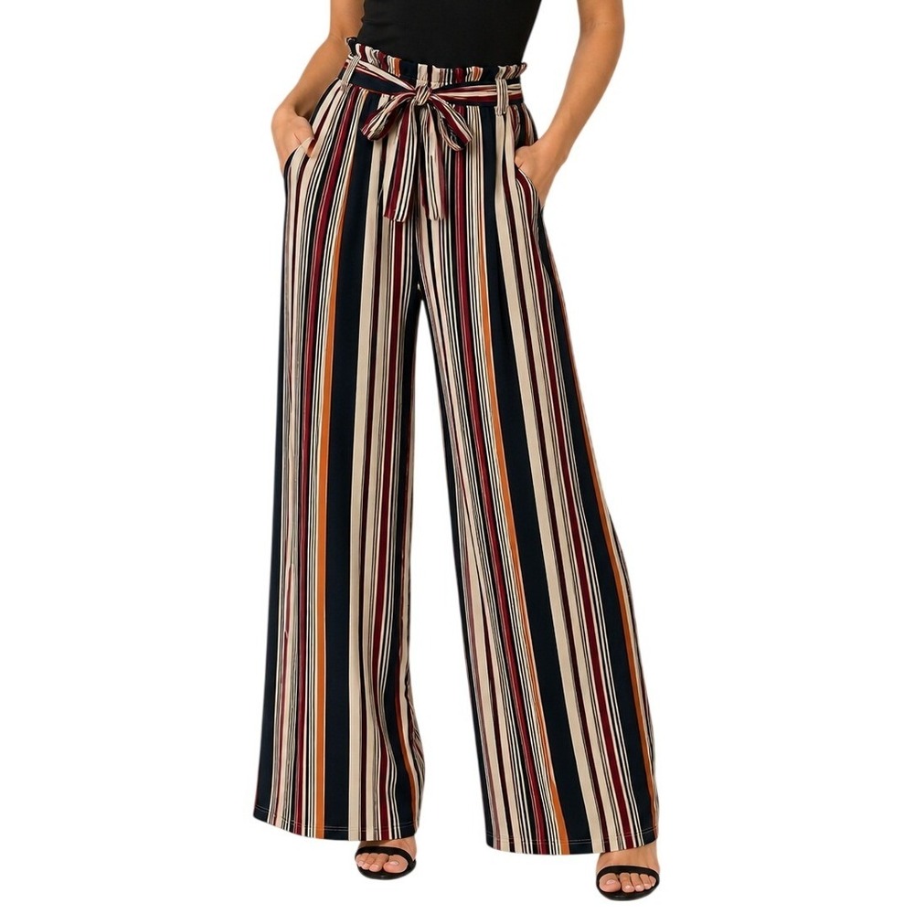 *NWOT* Elizabeth Pants Women M Multicolor Striped Wide Leg Paperbag W/Belt Boho